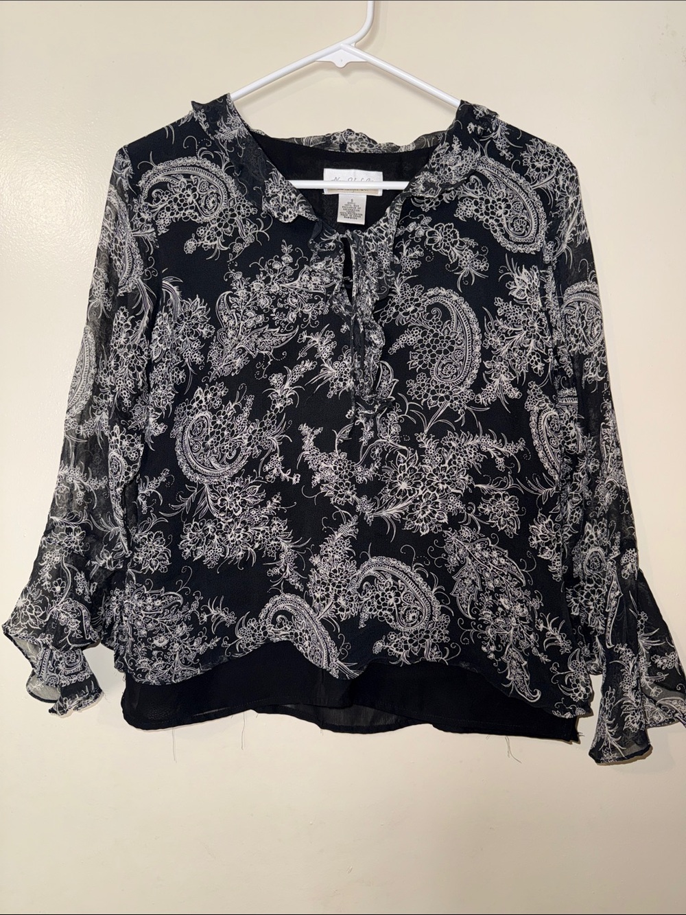 White House Black Market Black and White Paisley Tie-Neck Blouse